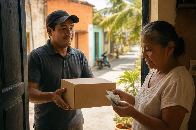 El domiciliario entrega la caja de cartón a una mujer mayor de 55 años en la puerta y ella cuenta el efectivo — Cardiotensive en Colombia