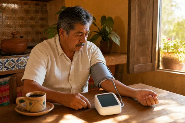 Hombre de unos 58 años se toma la presión en la mañana en la cocina con tensiómetro de brazo, al lado su té — Cardiotensive en Colombia